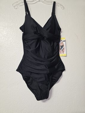 DKNY Black Twist-Front Bodysuit with Adjustable Straps.